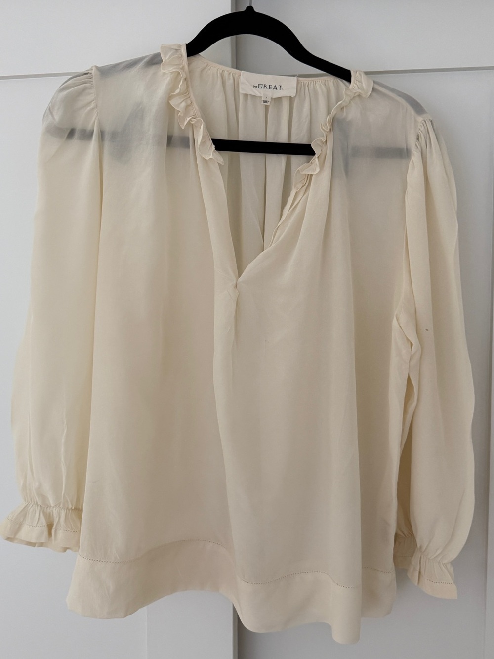 THE GREAT. Cream Ruffle-Trim V-Neck Blouse